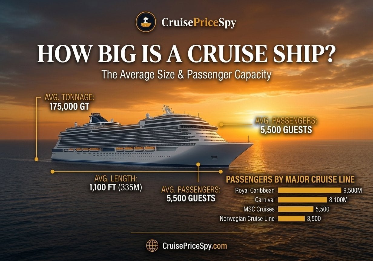 Infographic showing cruise ship size and passenger capacity statistics.