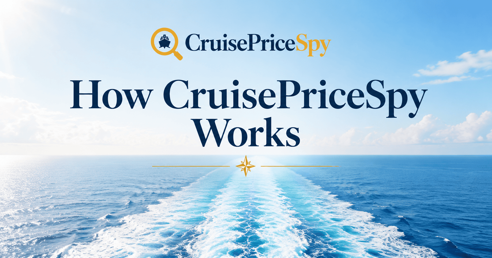 CruisePriceSpy logo over ocean with ship's wake and blue sky.