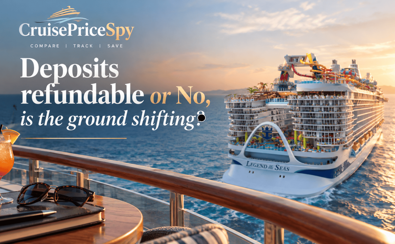 Luxury cruise ship sailing at sunset with deck chairs and sunglasses in foreground.