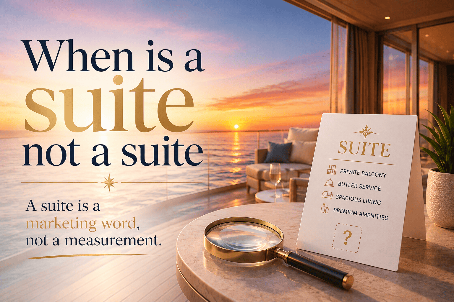 Luxury cruise suite with ocean view and sunset scenery.
